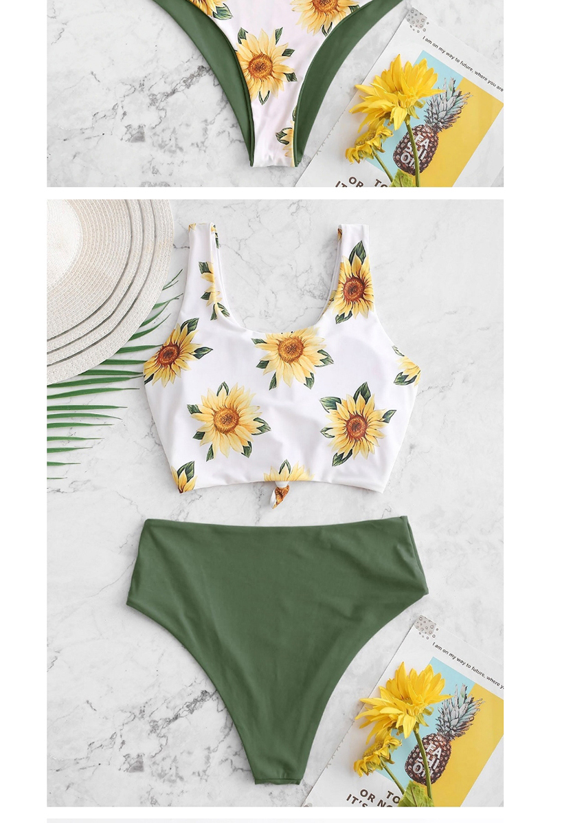 Fashion Dark Green Reversible Sun Print Split Swimsuit,Swimwear Sets