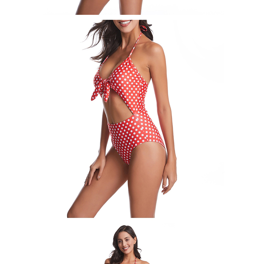 Fashion Red Polka Dot Lace Up High Waist One Piece Swimsuit,One Pieces