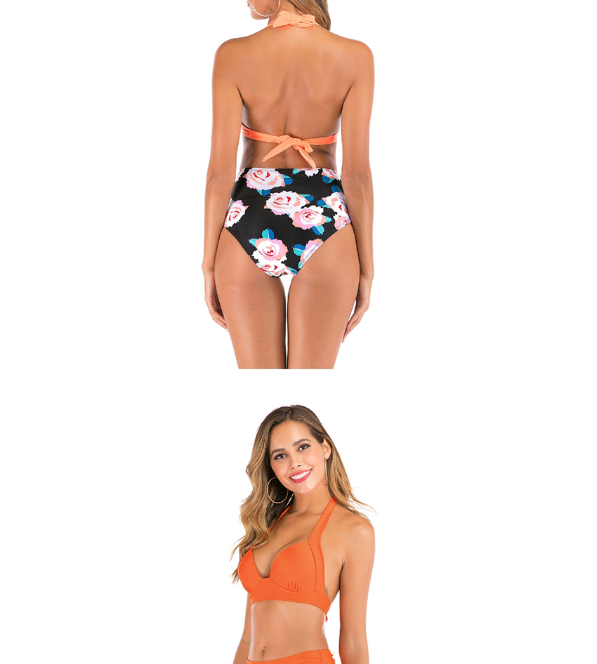 Fashion Orange Big Flower High Waist Pleated Halter Split Swimsuit,Bikini Sets