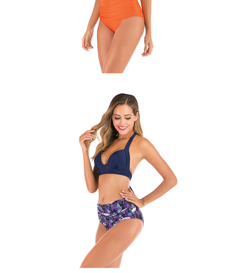 Fashion Orange Big Flower High Waist Pleated Halter Split Swimsuit,Bikini Sets