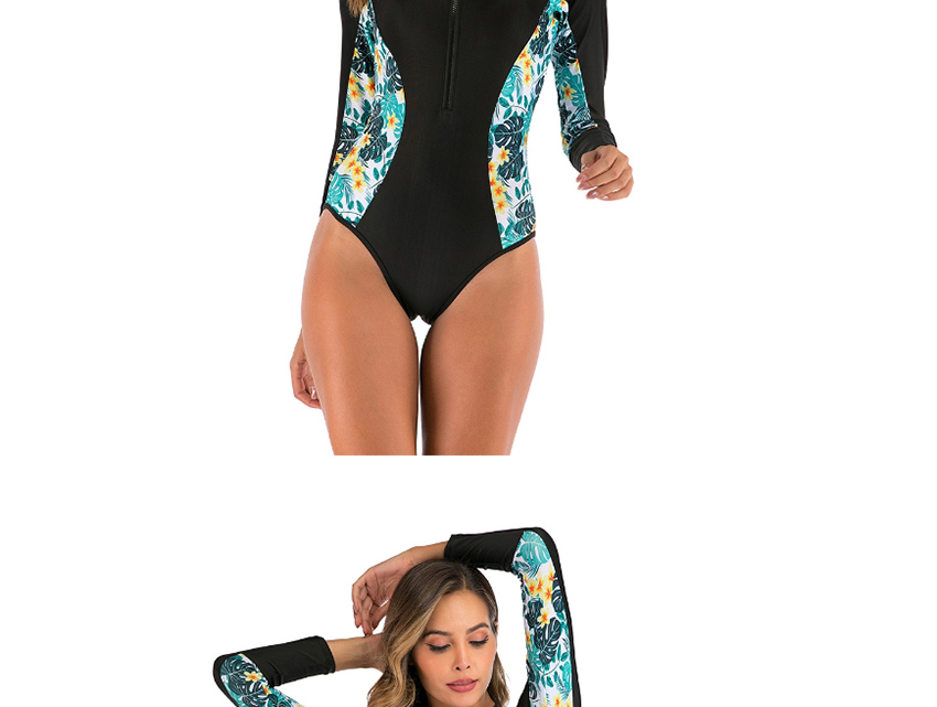 Fashion Black + Green Printed Stitching One-piece Swimsuit,One Pieces