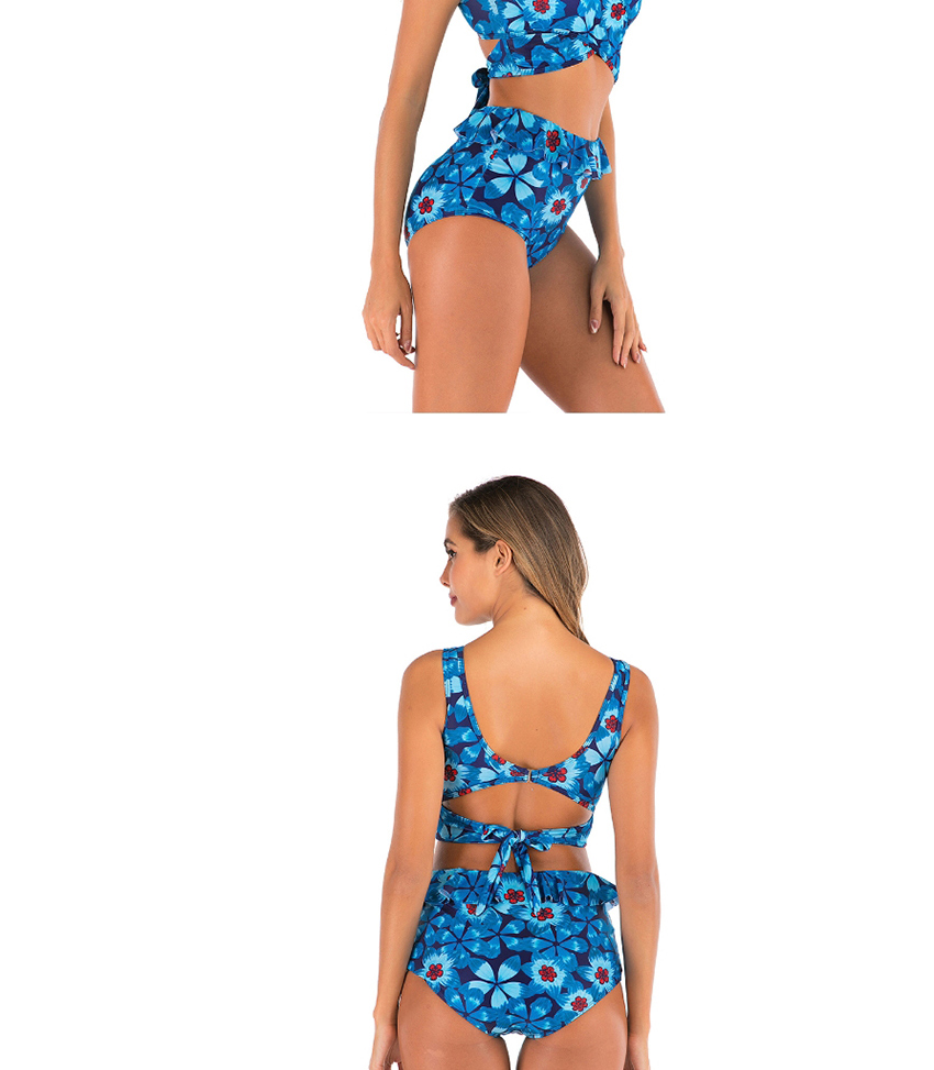 Fashion Blue Chest Cross High Waist Printed Fungus Split Swimsuit,Swimwear Sets
