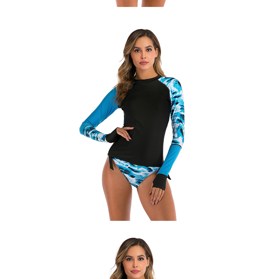 Fashion Blue Contrast Stitching Printed Split Swimsuit,One Pieces