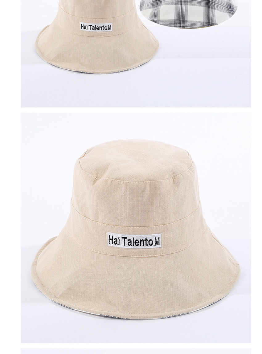 Fashion Beige Lattice Letter Embroidered Double-sided Cotton Foldable Fisherman Hat,Sun Hats