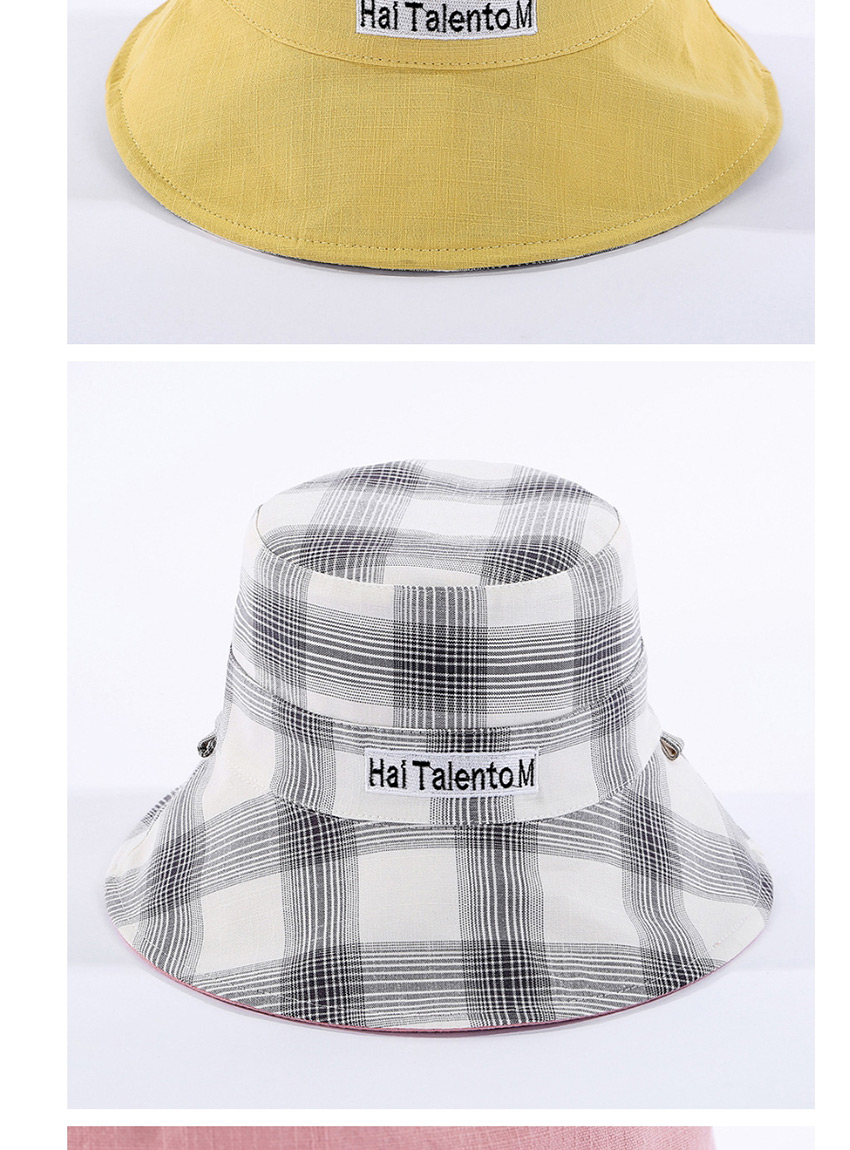 Fashion Yellow Lattice Letter Embroidered Double-sided Cotton Foldable Fisherman Hat,Sun Hats