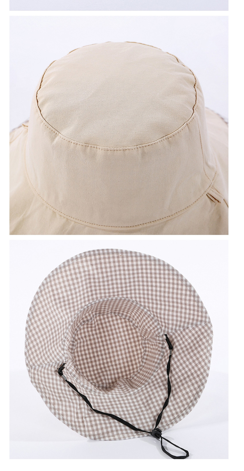 Fashion Beige Small Plaid Double-sided Cotton Foldable Fisherman Hat,Sun Hats