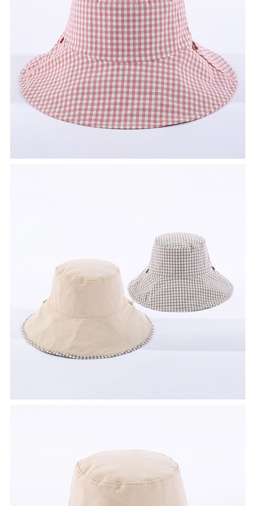 Fashion Pink Small Plaid Double-sided Cotton Foldable Fisherman Hat,Sun Hats