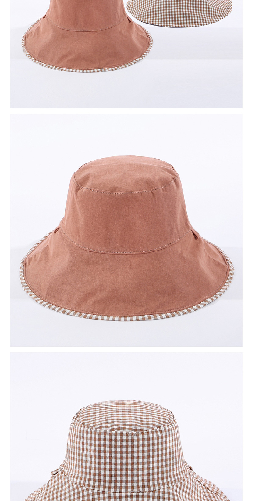 Fashion Pink Small Plaid Double-sided Cotton Foldable Fisherman Hat,Sun Hats