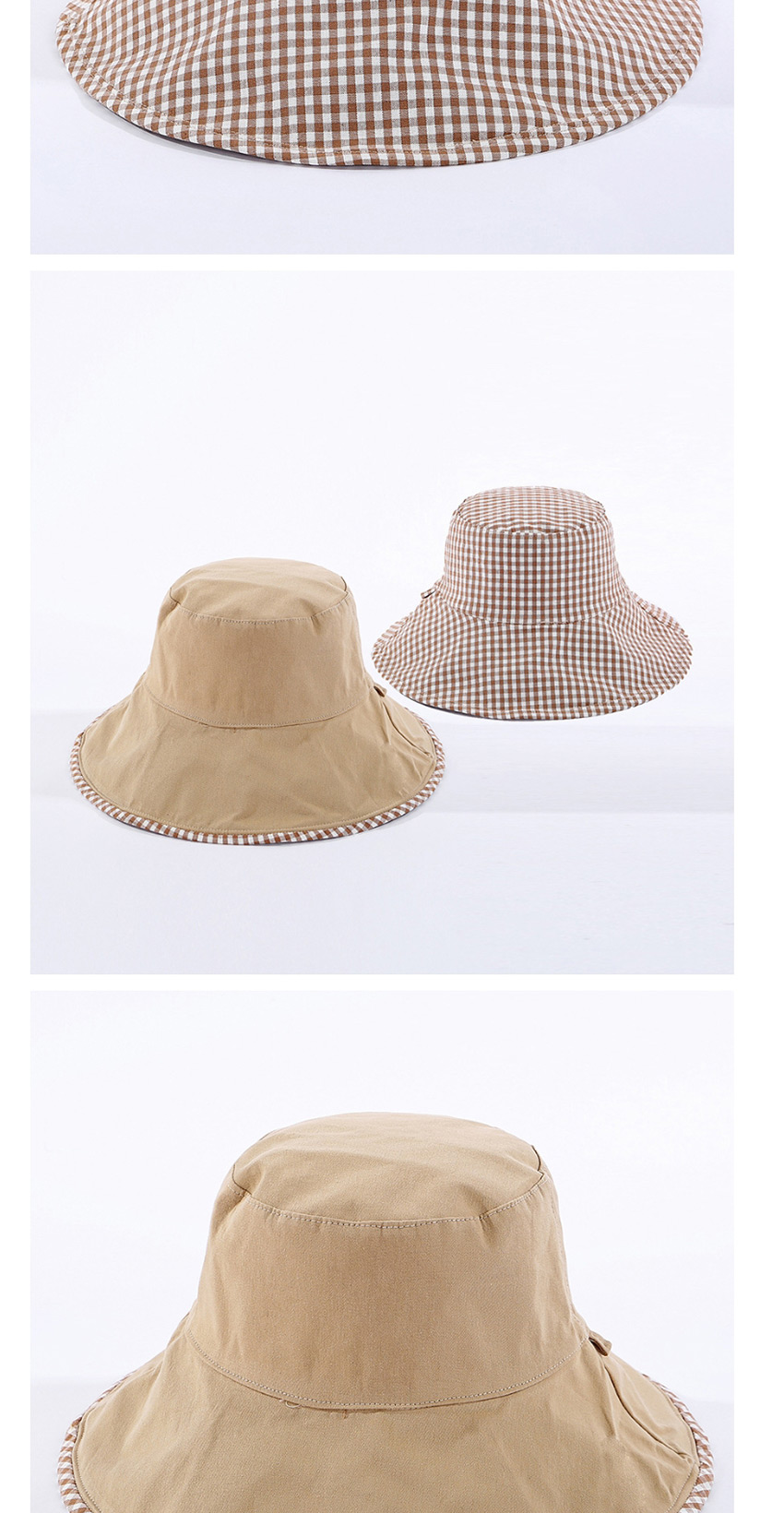 Fashion Khaki Small Plaid Double-sided Cotton Foldable Fisherman Hat,Sun Hats