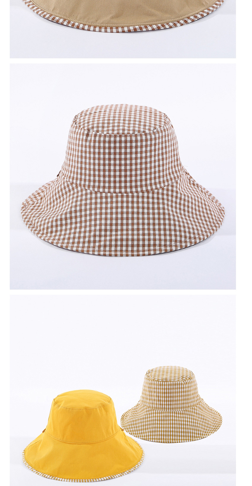 Fashion Yellow Small Plaid Double-sided Cotton Foldable Fisherman Hat,Sun Hats