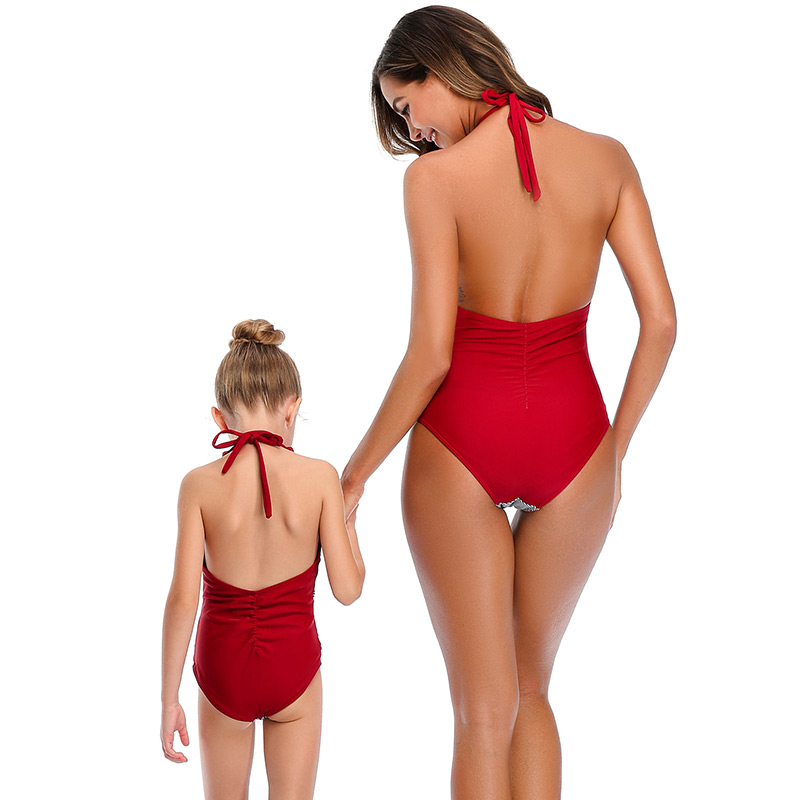 Fashion Red Wine Halter Drawstring Stitching Pleated One-piece Swimsuit For Children,Kids Swimwear