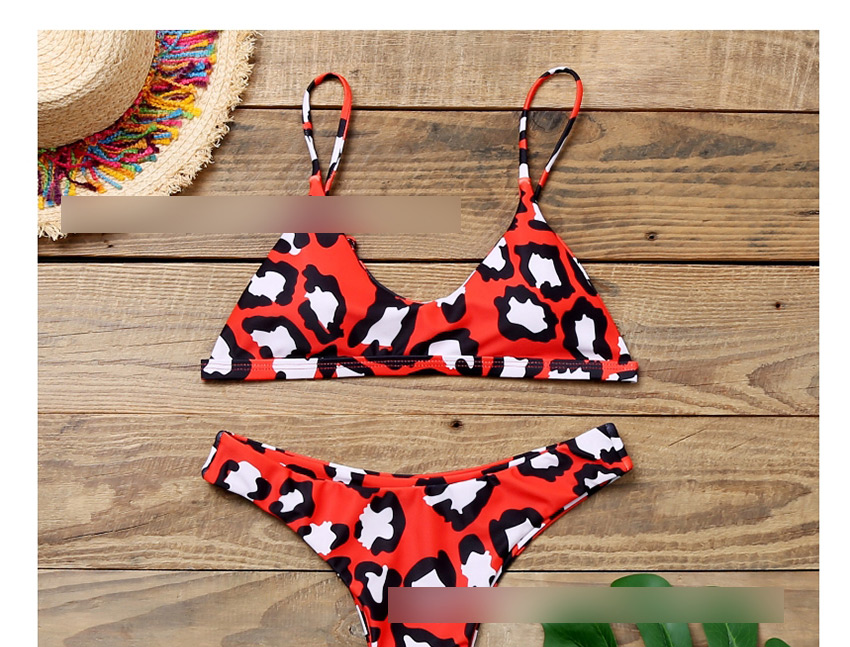 Fashion Leopard Print On Red Background Reversible Printed Triangle Split Swimsuit,Bikini Sets