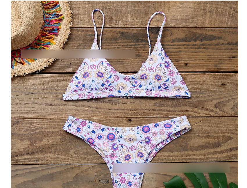 Fashion Purple Flower On White Reversible Printed Triangle Split Swimsuit,Bikini Sets