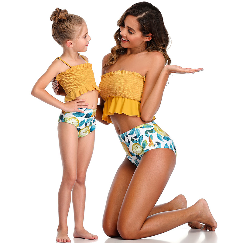 Fashion Yellow Halter Drawstring Stitching Pleated One-piece Swimsuit For Children,Kids Swimwear