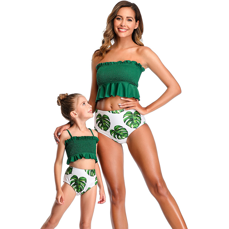 Fashion Green Halter Drawstring Stitching Pleated One-piece Swimsuit For Children,Kids Swimwear