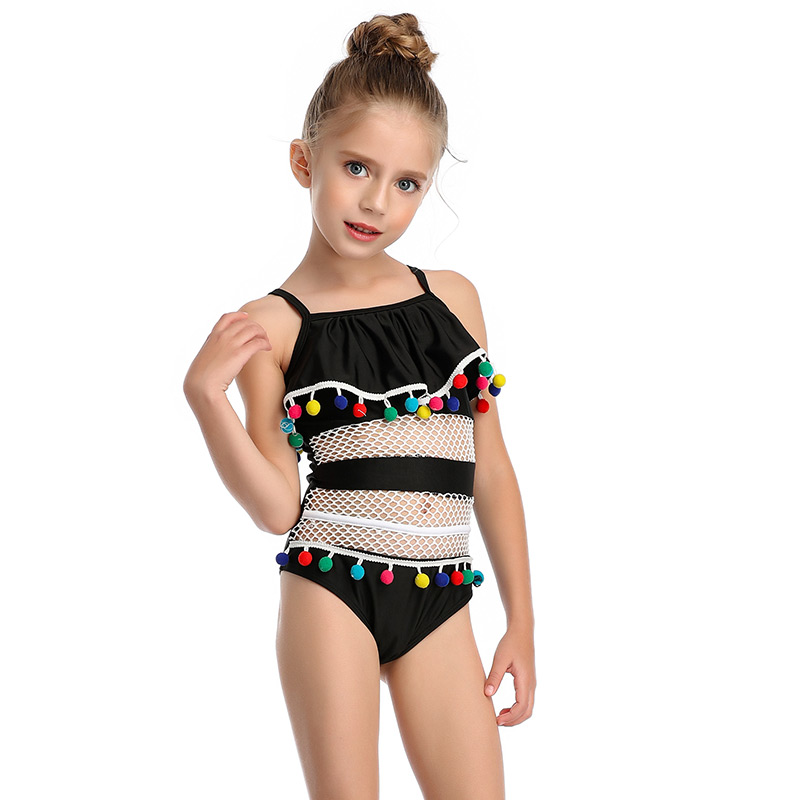 Fashion Stripe Mesh Stitching Lotus Leaf Fringed Fringed One-piece Swimsuit For Children,Kids Swimwear