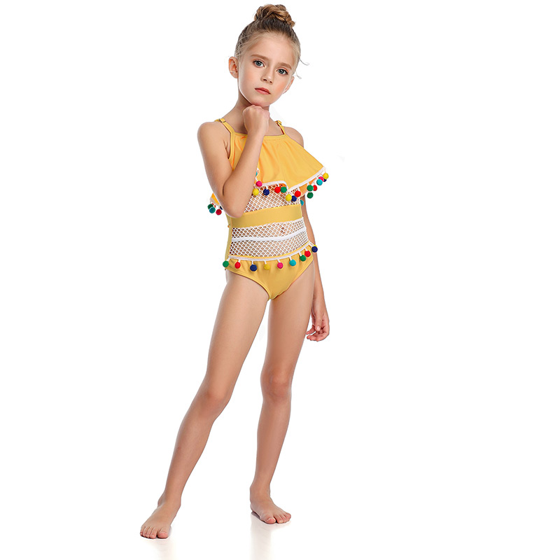 Fashion Stripe Mesh Stitching Lotus Leaf Fringed Fringed One-piece Swimsuit For Children,Kids Swimwear