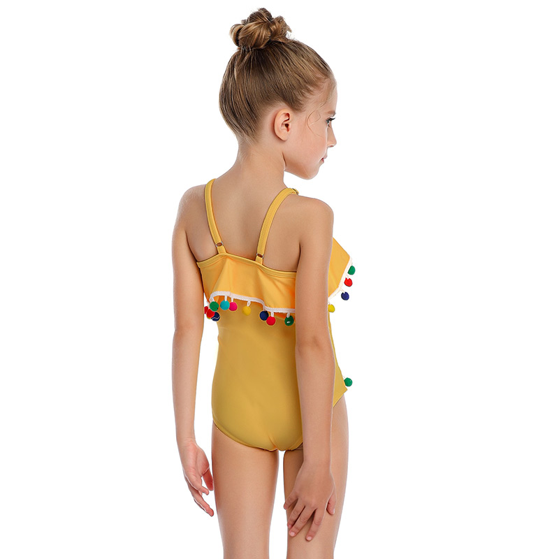 Fashion Yellow Mesh Stitching Lotus Leaf Fringed Fringed One-piece Swimsuit For Children,Kids Swimwear