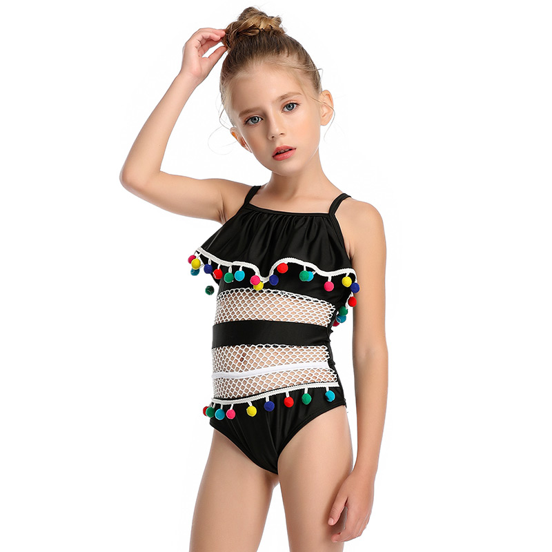 Fashion Black Mesh Stitching Lotus Leaf Fringed Fringed One-piece Swimsuit For Children,Kids Swimwear