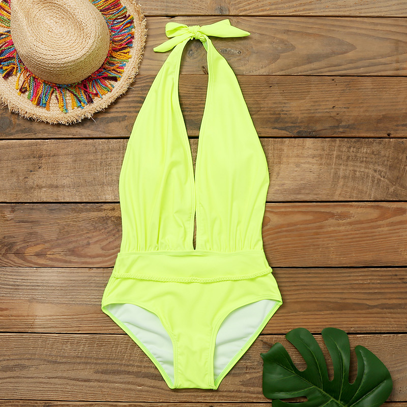 Fashion Fluorescent Color Deep V Lace Up One Piece Swimsuit,One Pieces