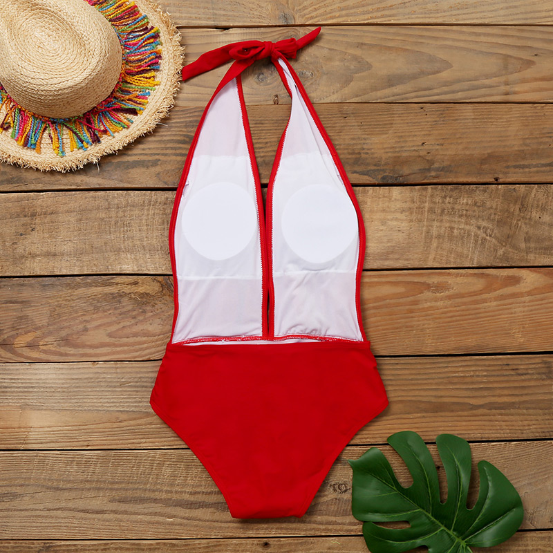Fashion Red Deep V Lace Up One Piece Swimsuit,One Pieces