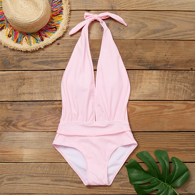 Fashion Pink Deep V Lace Up One Piece Swimsuit,One Pieces