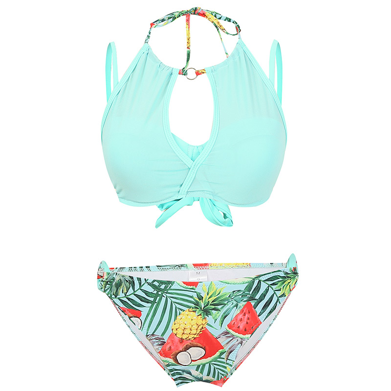 Fashion Pink + Green Pants Net Stitching Halter Print Split Swimsuit,Bikini Sets