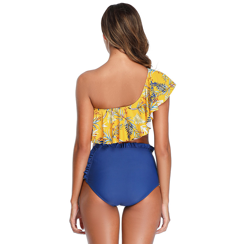 Fashion Yellow Printed Ruffled One-shoulder High Waist Split Swimsuit,Bikini Sets