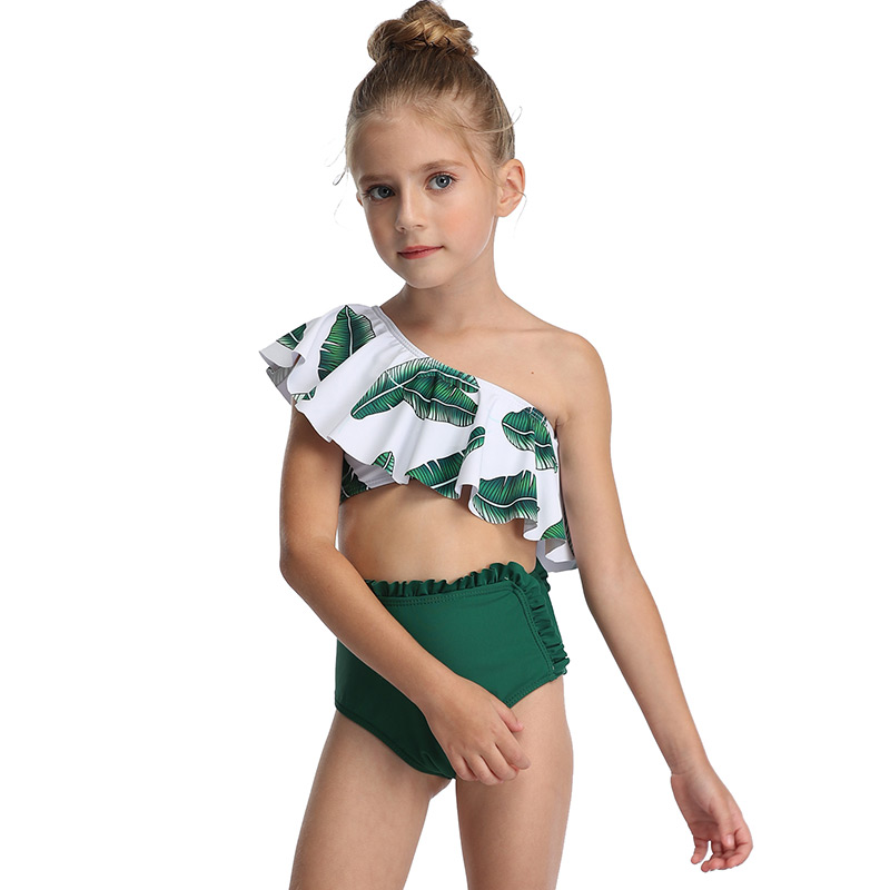 Fashion Green Printed Ruffled One-shoulder High Waist Split Swimsuit For Children,Kids Swimwear