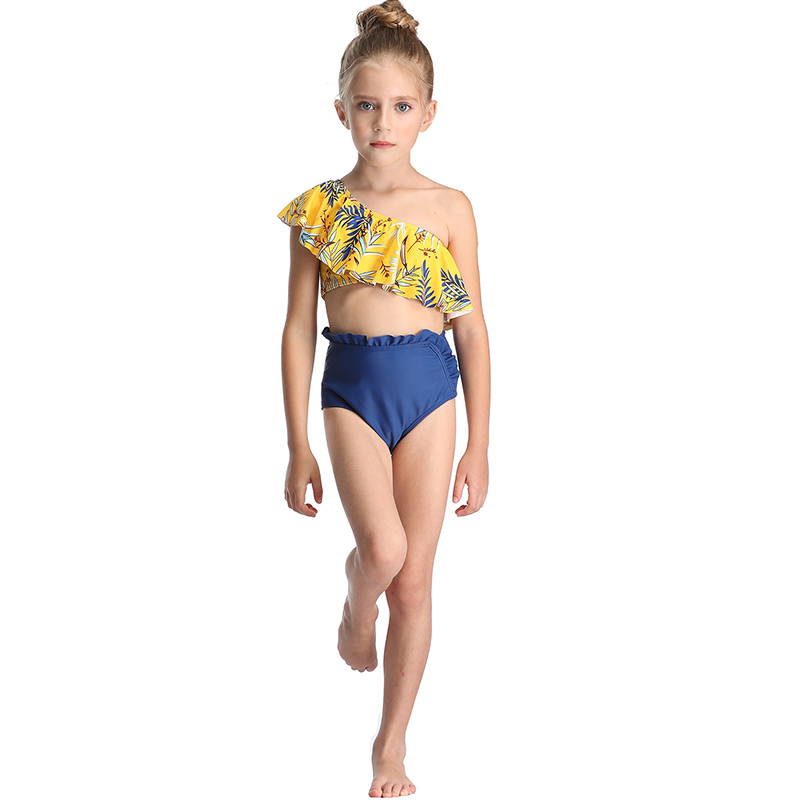 Fashion Yellow Printed Ruffled One-shoulder High Waist Split Swimsuit For Children,Kids Swimwear