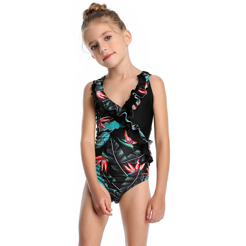 Fashion Green Leaf On White V-neck One-piece Swimsuit With Flash Print And Stitching,Kids Swimwear