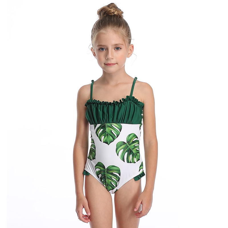 Fashion Royal Blue Printed Pleated Fungus Panel One Piece Swimsuit For Children,Kids Swimwear