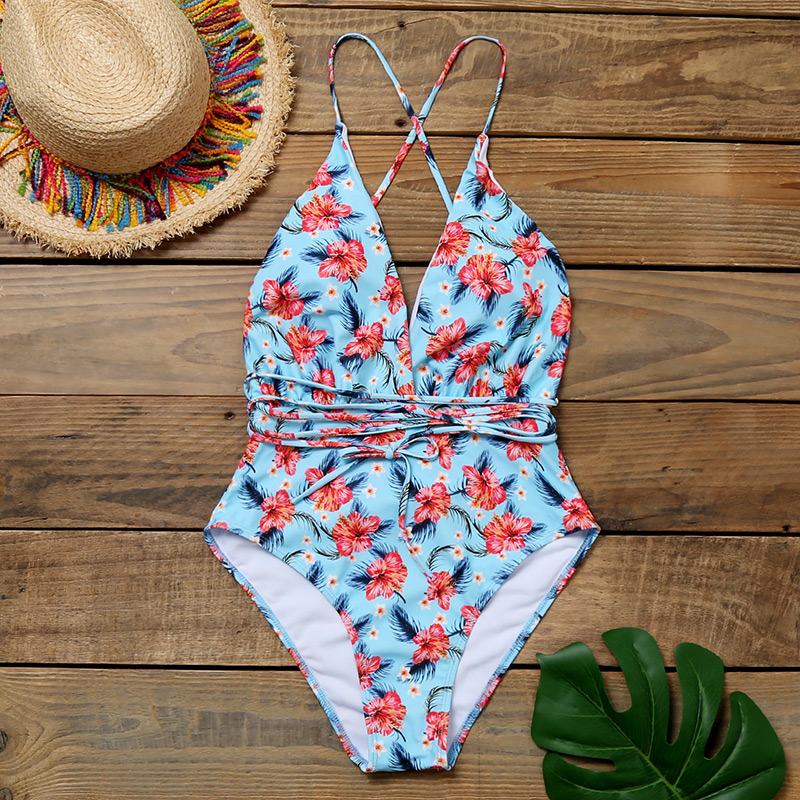 Fashion Safflower On Blue Printed Deep V Band One Piece Swimsuit,One Pieces