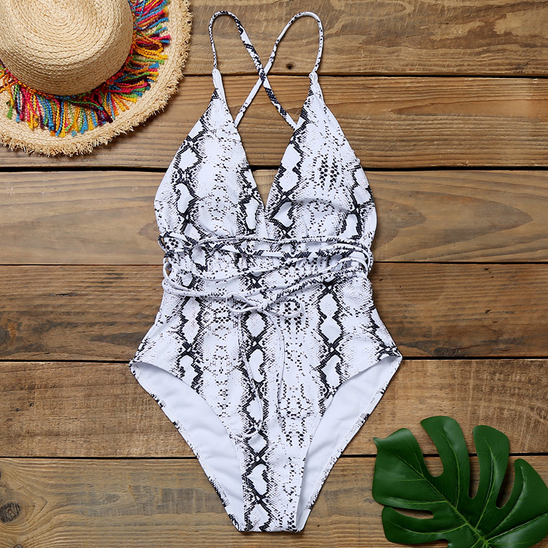 Fashion White Snake Pattern Printed Deep V Band One Piece Swimsuit,One Pieces