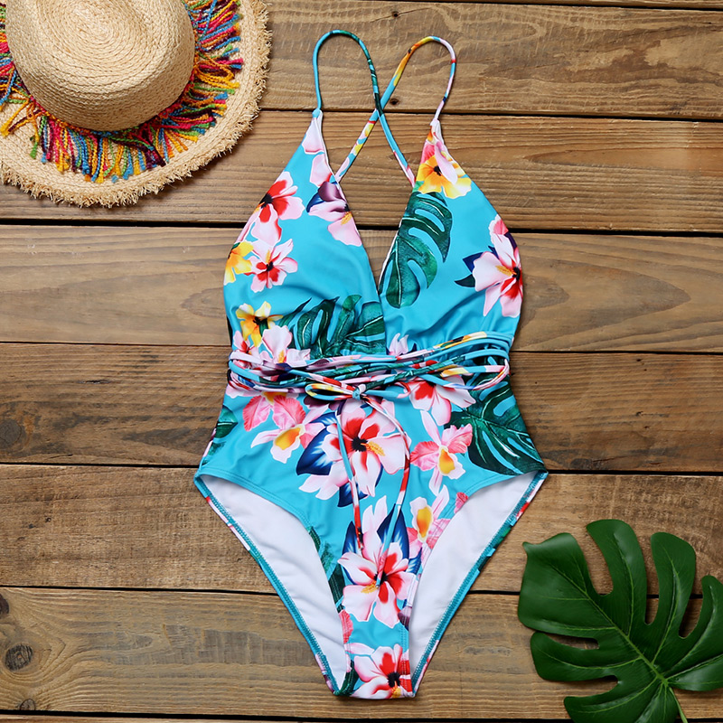 Fashion Coconut Tree On White Printed Deep V Band One Piece Swimsuit,One Pieces