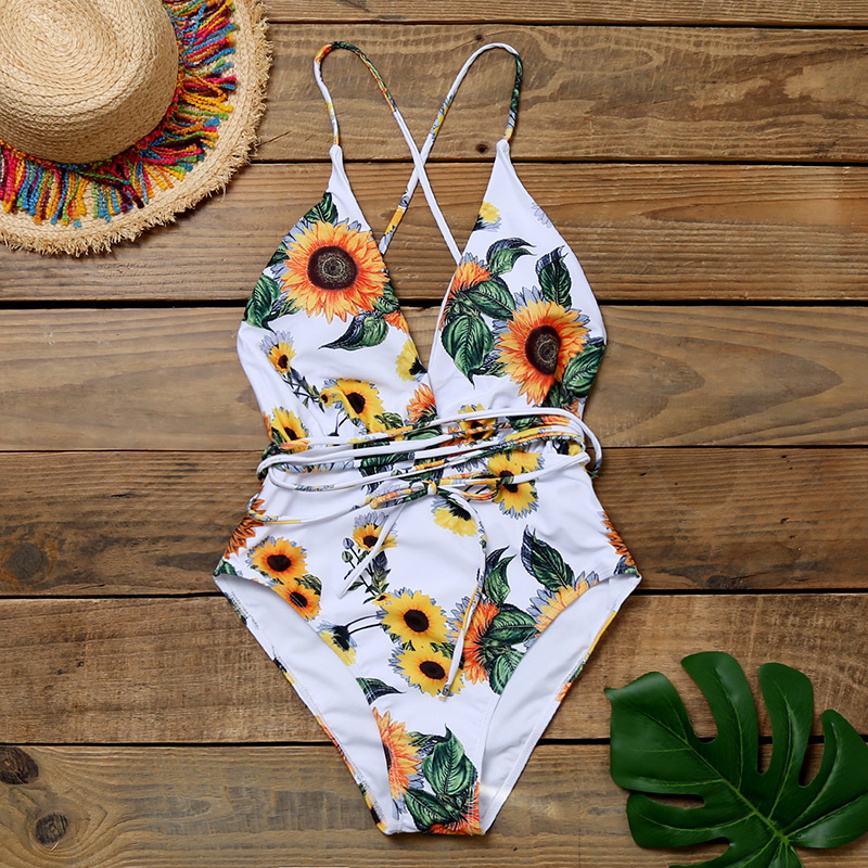Fashion Yellow Safflower Printed Deep V Band One Piece Swimsuit,One Pieces