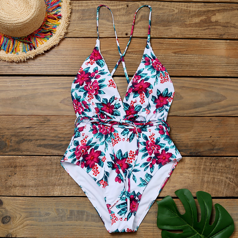 Fashion Sun Flower On White Printed Deep V Band One Piece Swimsuit,One Pieces