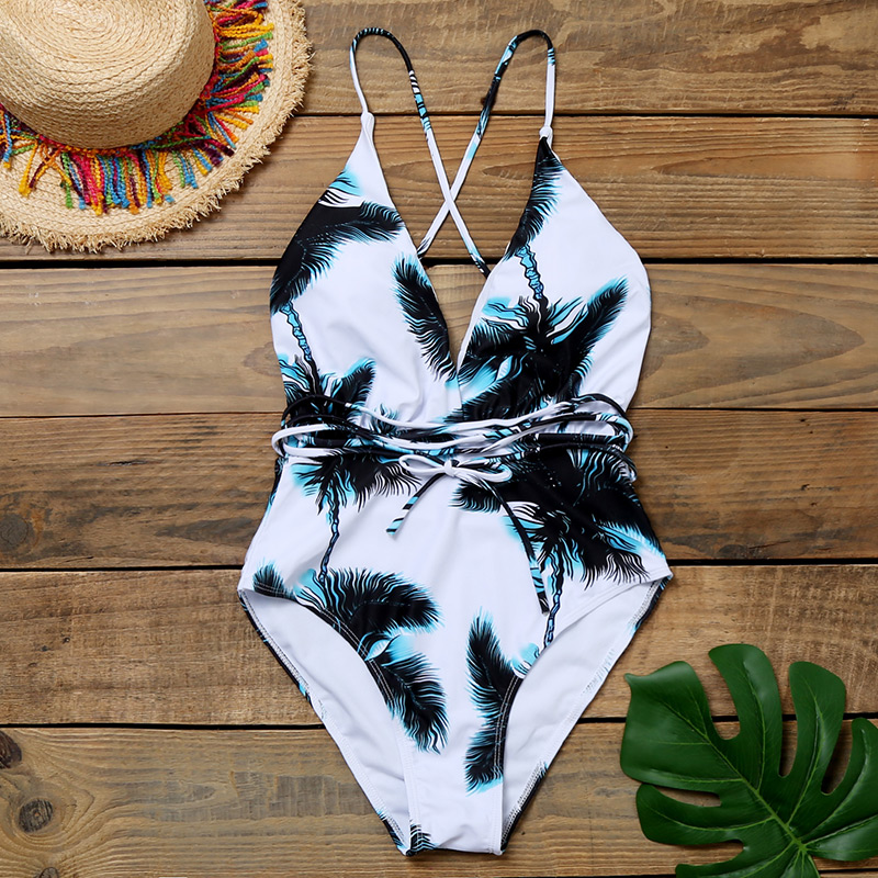 Fashion Royal Blue Safflower Printed Deep V Band One Piece Swimsuit,One Pieces