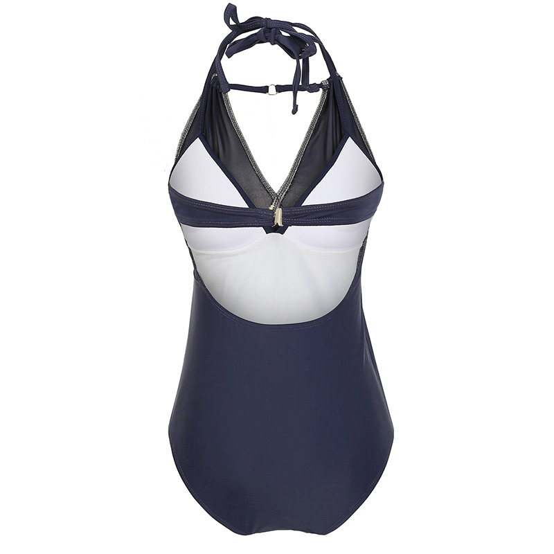 Fashion Sapphire Mesh Stitching Halter Hollow One-piece Swimsuit,Swimwear Plus Size