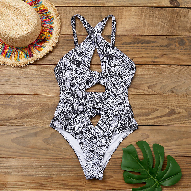 Fashion Gray Cross Snakeskin Cutout One-piece Swimsuit,One Pieces