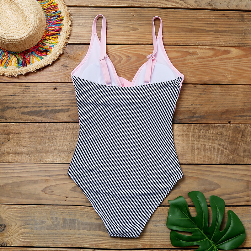 Fashion Pink + Stripes Deep V Lace Up Cross Panel One Piece Swimsuit,One Pieces