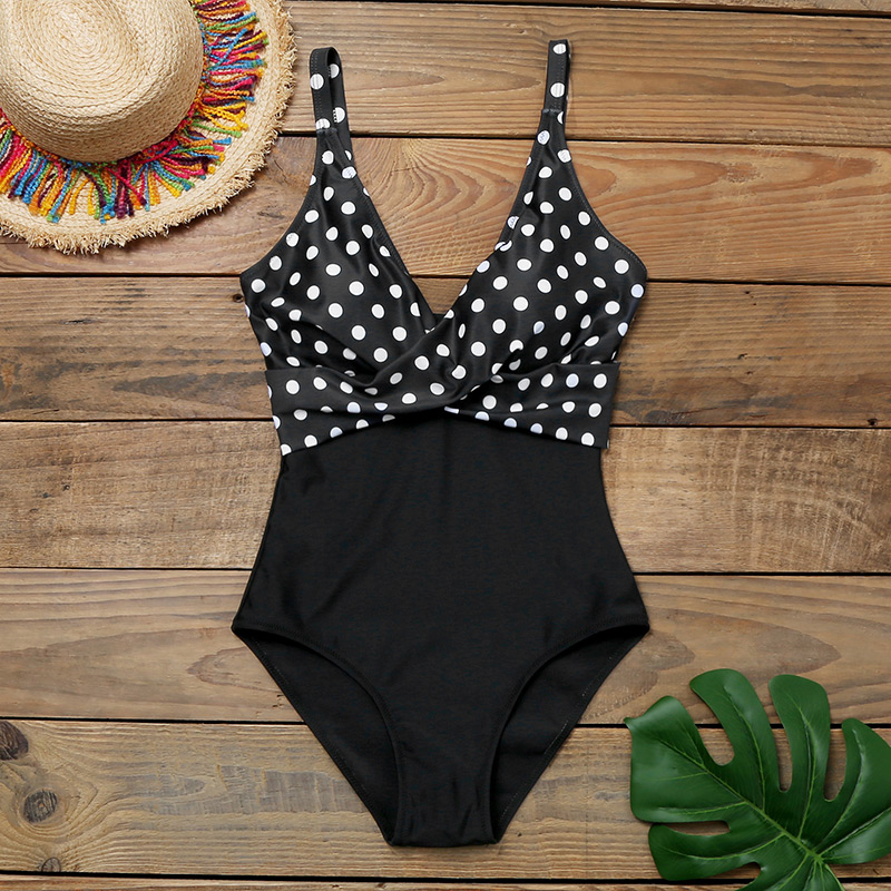 Fashion Pink Print + Black Deep V Lace Up Cross Panel One Piece Swimsuit,One Pieces