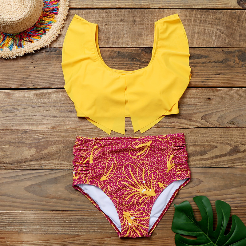 Fashion Yellow Ruffled Printed High Waist Split Swimsuit,Bikini Sets