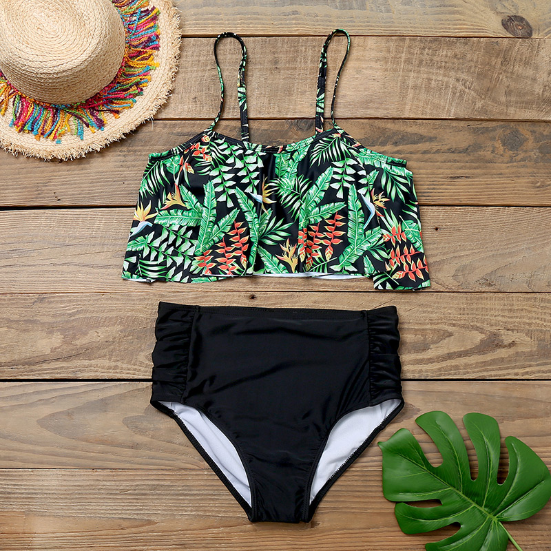 Fashion Green Ruffled Pleated High-waist Printed Split Swimsuit,Bikini Sets