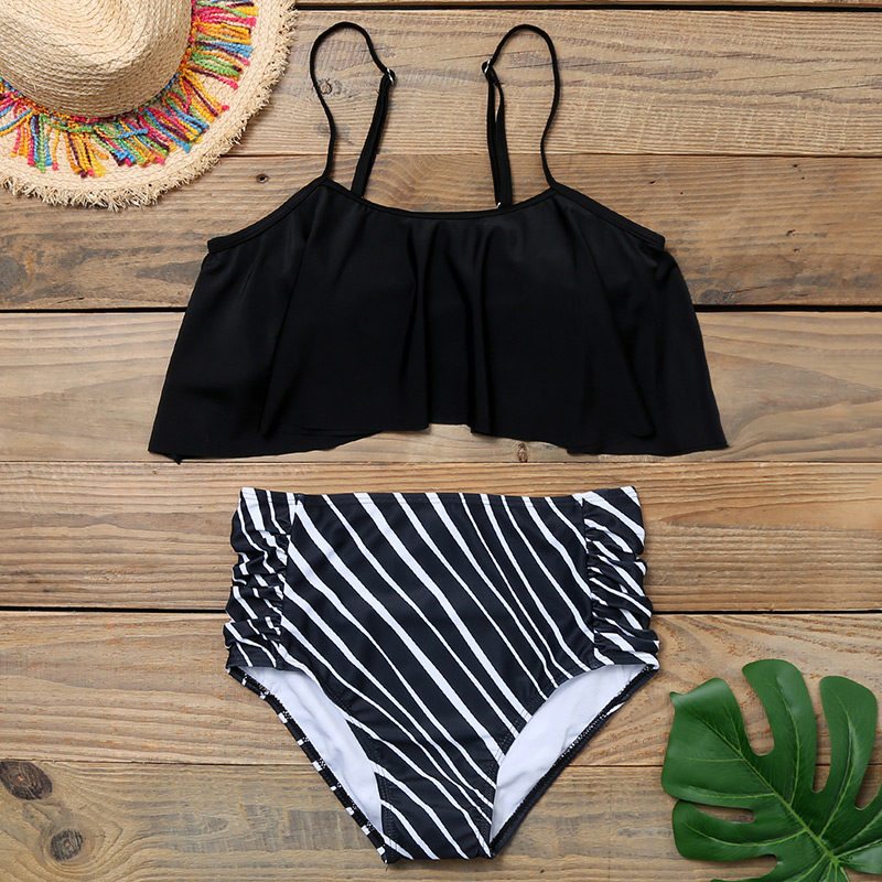 Fashion Black Ruffled Pleated High-waist Printed Split Swimsuit,Bikini Sets