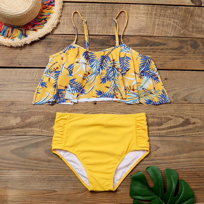 Fashion Yellow Ruffled Pleated High-waist Printed Split Swimsuit,Bikini Sets