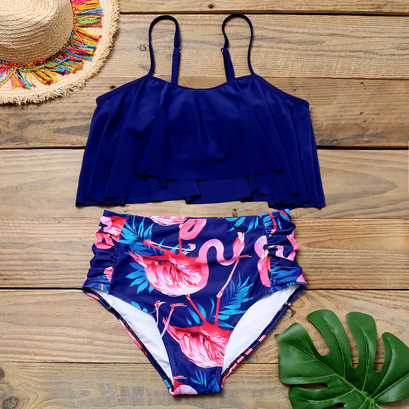 Fashion Dark Blue Ruffled Pleated High-waist Printed Split Swimsuit,Bikini Sets
