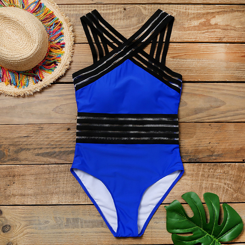 Fashion Black Cross Mesh Stitching One-piece Swimsuit,One Pieces