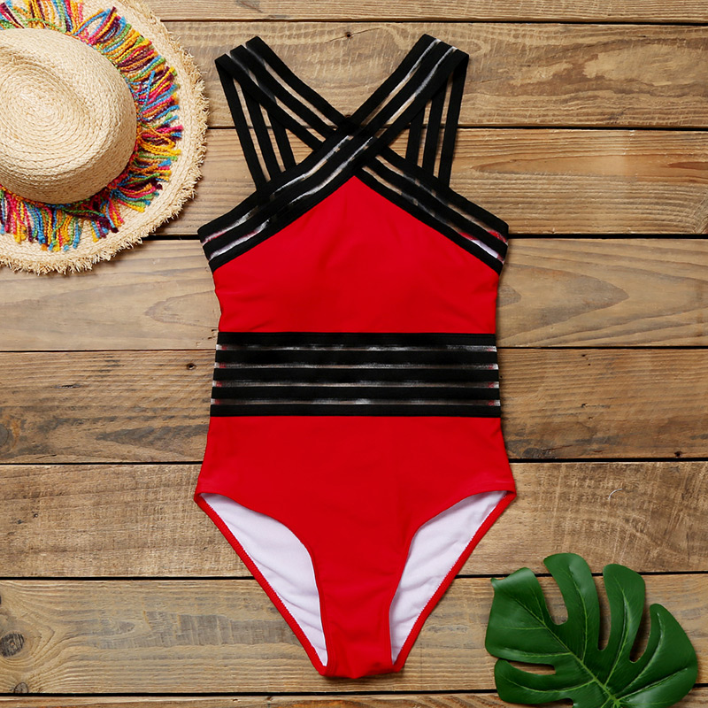 Fashion Red Cross Mesh Stitching One-piece Swimsuit,One Pieces