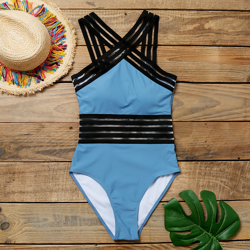 Fashion Royal Blue Cross Mesh Stitching One-piece Swimsuit,One Pieces